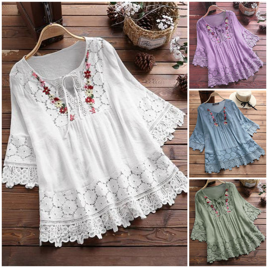 ❤️🌸【S-5XL】Femeii V-Neck Casual brodate florale vrac dantelă Shirt