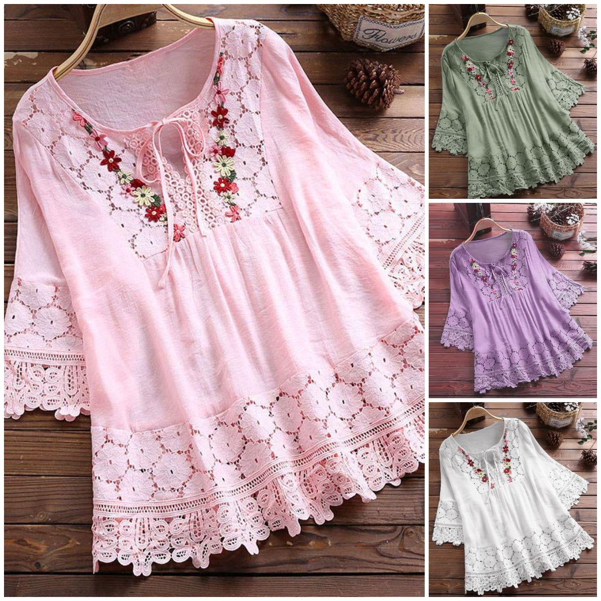 ❤️🌸【S-5XL】Femeii V-Neck Casual brodate florale vrac dantelă Shirt