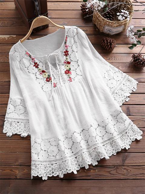 ❤️🌸【S-5XL】Femeii V-Neck Casual brodate florale vrac dantelă Shirt