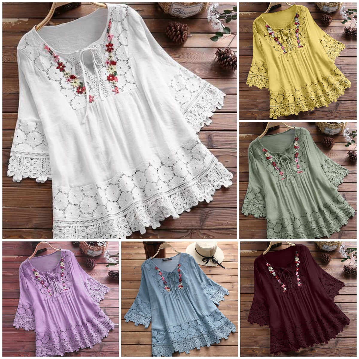 ❤️🌸【S-5XL】Femeii V-Neck Casual brodate florale vrac dantelă Shirt